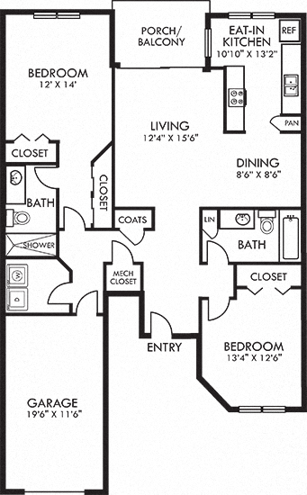Floor plan for 2 beds, 2 baths, 1203 sqft